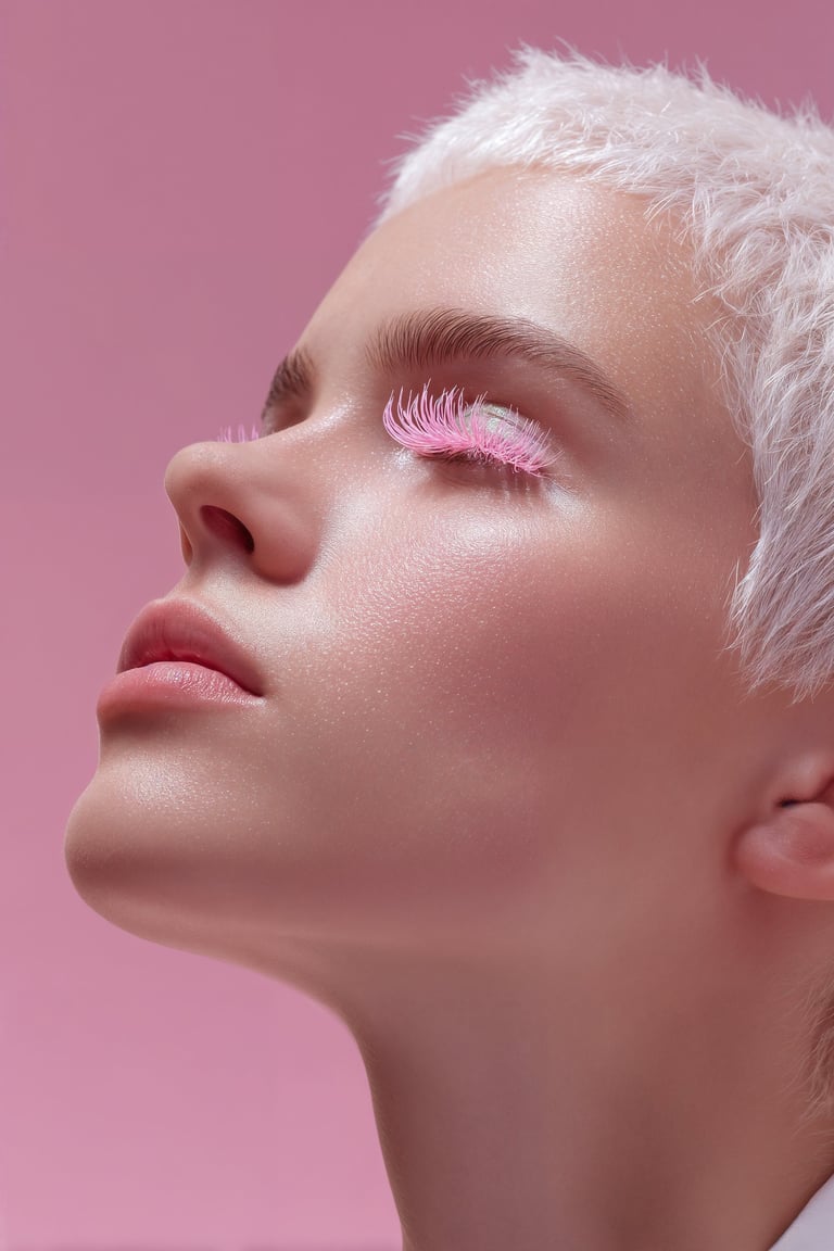 Striking fashion portrait of model with pink eyelashes featured in Elle Magazine editorial