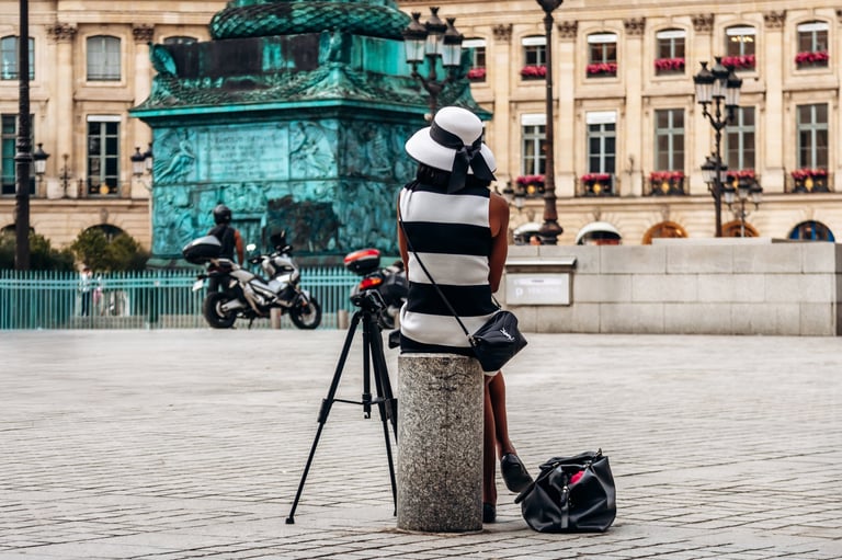 Paris, France - Model during a photoshoot on Place Vendôme for Prime Essentials editorial