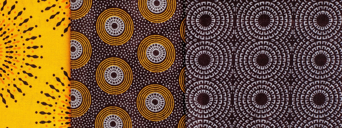 Three different patterns of fabric are shown, they are patterns of Iconic South African Shwe Shwe fabric